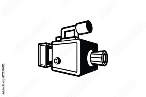 Vintage Film Camera Icon in Black and White Silhouette