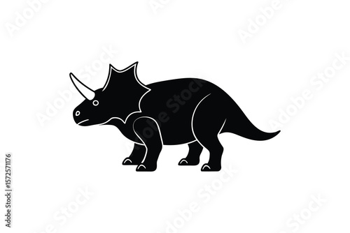 Triceratops Dinosaur Illustration in Black and White Silhouette