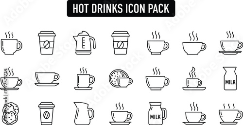 Illustration of hot drinks icon pack with coffee cups and beverage containers
