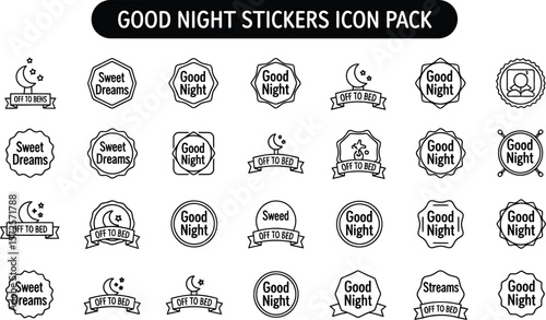 Collection of good night stickers and sweet dreams icons on white background