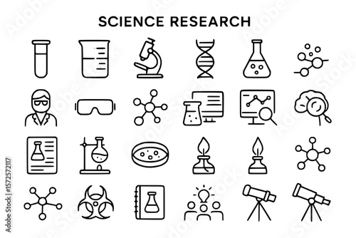 Science Research Line Icons Set - Laboratory, Chemistry, Biology, Scientific Equipment Vector Collection
