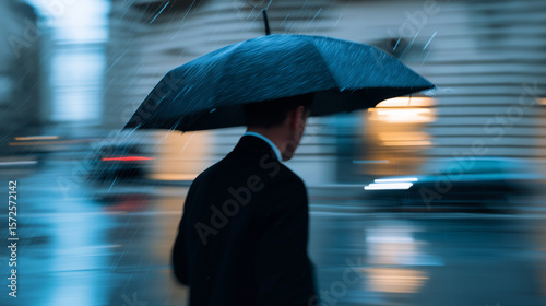 A man in a black coat walks through a rainy city street with an umbrella, captured in motion blur and dim evening light.