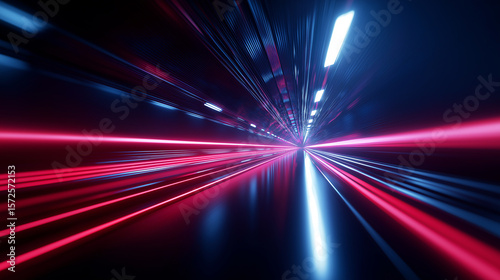 A dynamic digital tunnel with bright blue and red glowing streaks converging into a vanishing point, symbolizing speed, technology, or data transfer.