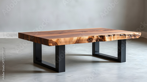 Modern wooden coffee table showing live edge and black metal legs