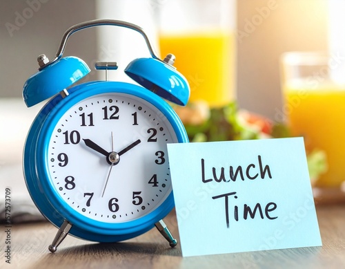 Blue Alarm Clock & Healthy Lunch: Time for Balanced Eating alarm clock and page reminder with lunch time 