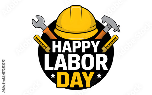 Happy Labor Day, Yellow, Black with helmet isolated on white