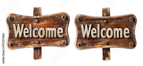 Two weathered wooden welcome signs