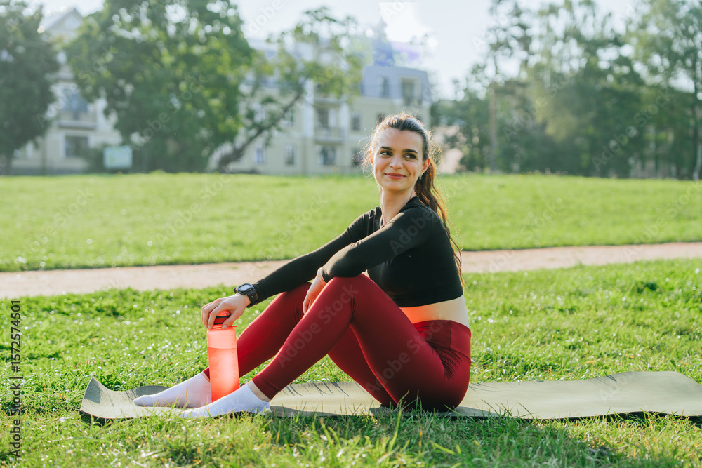 Fototapeta premium Seated on a yoga mat in the park, a woman relaxes post-workout, savoring a tranquil moment with water in hand.