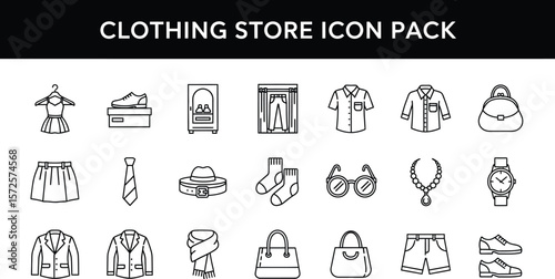 Clothing store icon pack featuring various apparel and accessory line art