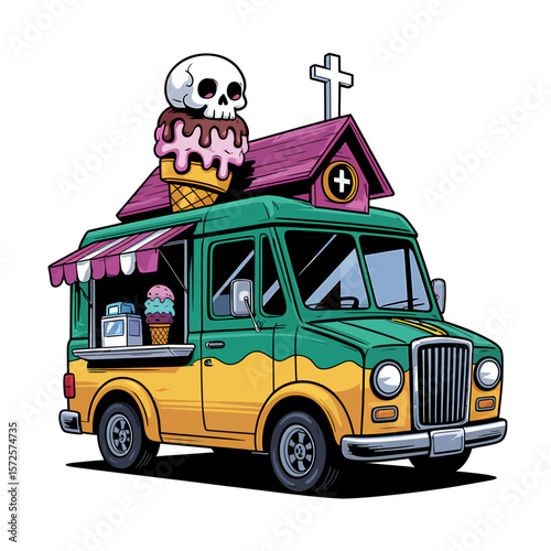 Stylized Cartoon Illustration Ice Cream Truck with Church and Skull