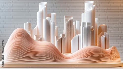 Futuristic white and peach architectural model of a modern city features abstract high-rise buildings and flowing organic forms. Scene highlights urban planning and innovation