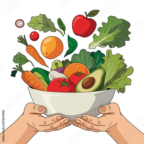 Vibrant Digital Illustration of Fresh Fruits and Vegetables in a Bowl