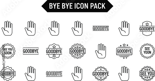 Collection of goodbye and see you soon icons in black and white design