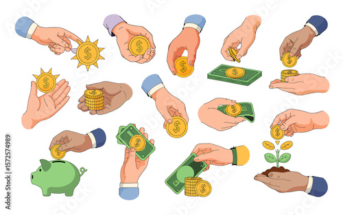 A Flat Minimalist Illustration Set of Hands Managing Money Investing, Saving, and Growth