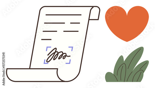 Rolled document with signature, orange heart, and leafy plant. Ideal for legal matters, agreements, trust, environmental commitment, love, ethics and care as a simple flat metaphor