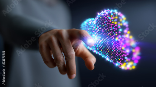 A human hand gently touches a vibrant, glowing cloud-like digital rendering, symbolizing cloud computing or data interaction.
