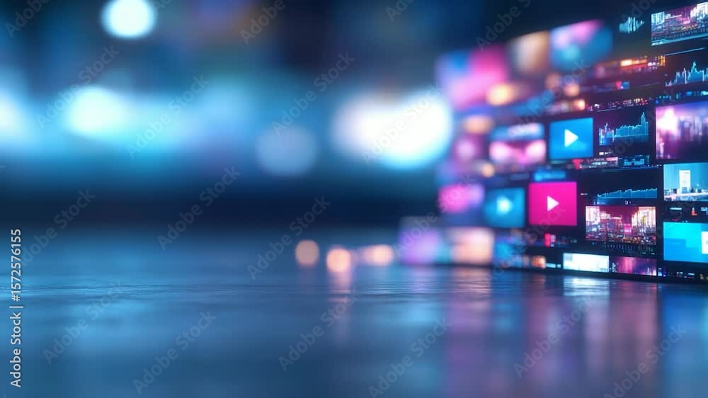 Digital content wall multimedia display technology information data stream global communication screens network media grid futuristic background visual array big data analysis