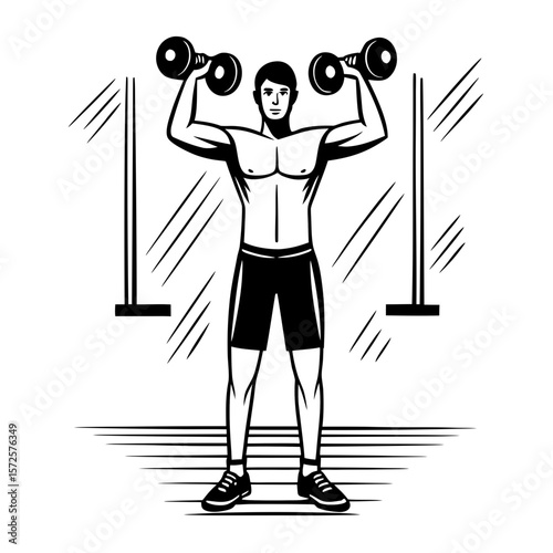 Young man lifting dumbbells with arms raised in gym setting  