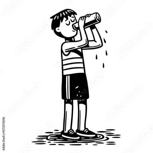 Young boy drinking from can after sports practice in summer  