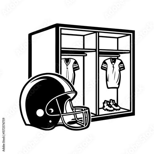 Football helmet next to locker with uniform and shoes inside  