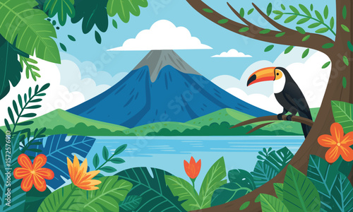 Vibrant toucan perched on a branch with a tropical volcano and lake landscape isolated.