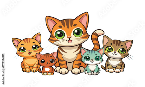 Cute cartoon family of five cats sitting together isolated on white background