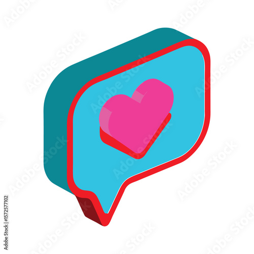3d isometric speech bubble with pink heart icon isolated on white background