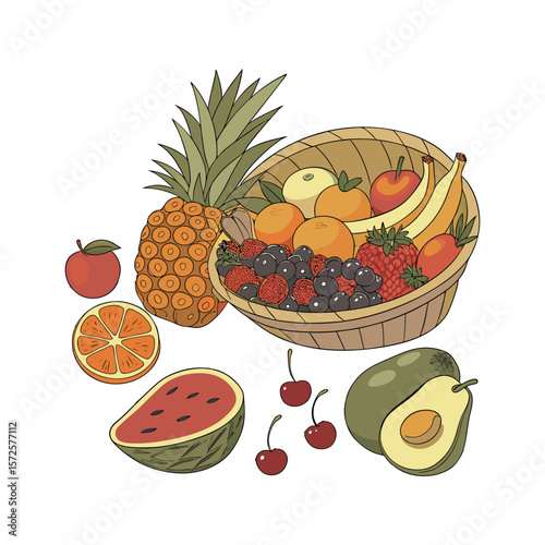 Colorful assortment of fresh fruits in a basket isolated on white background