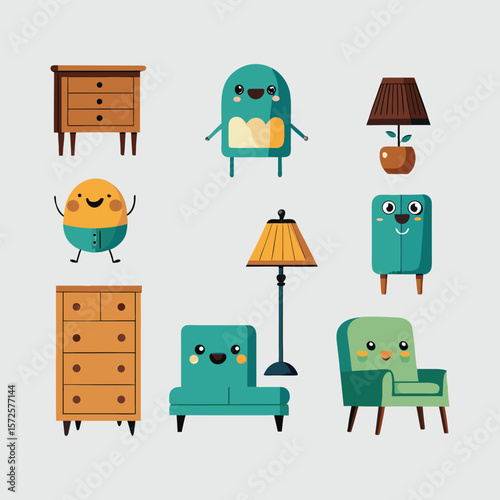 Cute cartoon furniture and characters isolated on white background