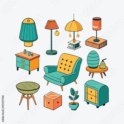 Collection of mid century modern furniture and lamps isolated on white background