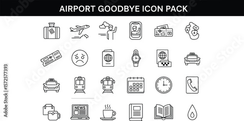 Airport goodbye icon pack showing various travel and departure related icons
