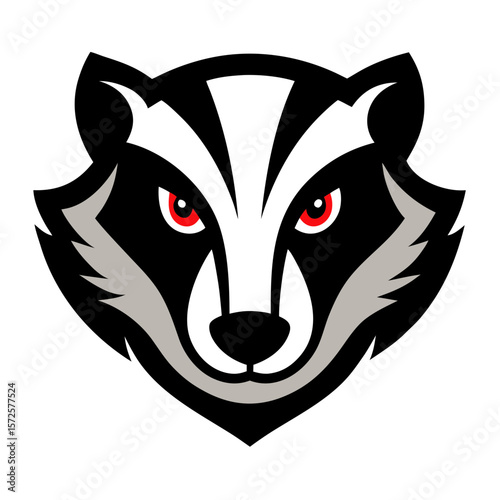 Fierce badger mascot head with red eyes and black and white stripes