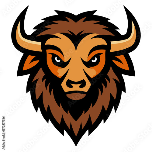 Fierce bison head mascot with sharp horns and intense eyes