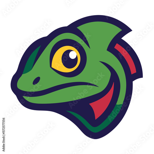 Stylized green lizard head mascot logo with yellow eye and red accents