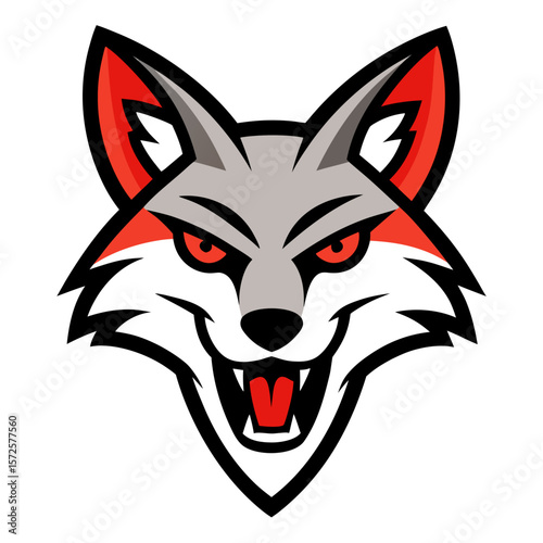 Aggressive gray wolf head mascot with red eyes and sharp teeth