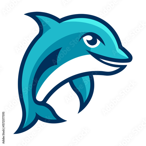 Stylized cartoon dolphin jumping and smiling with blue and teal colors