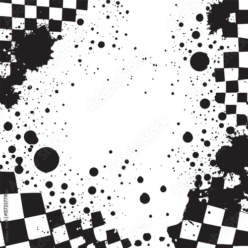 A creative composition featuring black ink splatters and a dynamic checkerboard pattern on a white background, evoking a bold and modern artistic expression.