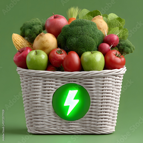 Energy Boosting Basket: A wicker basket overflowing with fresh produce—apples, broccoli, carrots, potatoes, and tomatoes—features a glowing green lightning bolt symbol.