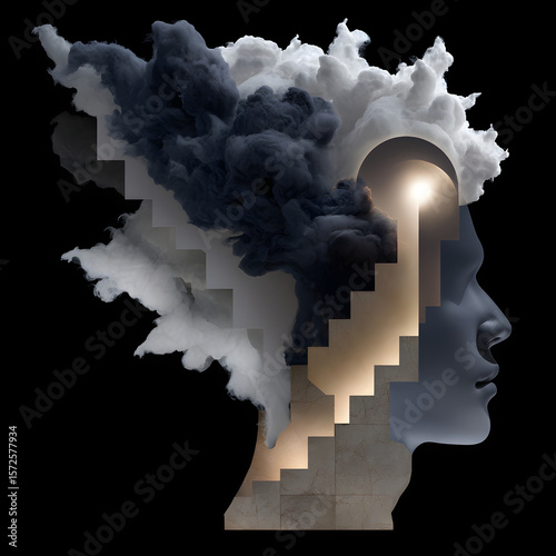 Mind's Staircase: A conceptual digital artwork features a silhouette of a head with a staircase ascending toward a light-filled opening, filled with cloud-like textures.