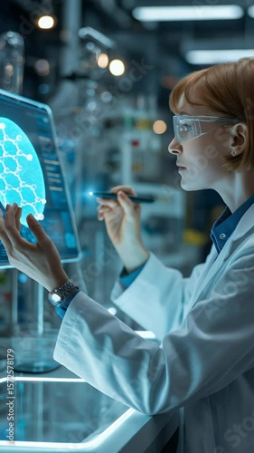 Wallpaper Mural Scientific Scrutiny: A determined scientist peers intently at an interactive display, dissecting complex data within a state-of-the-art laboratory setting. This evokes a sense of innovation. Torontodigital.ca