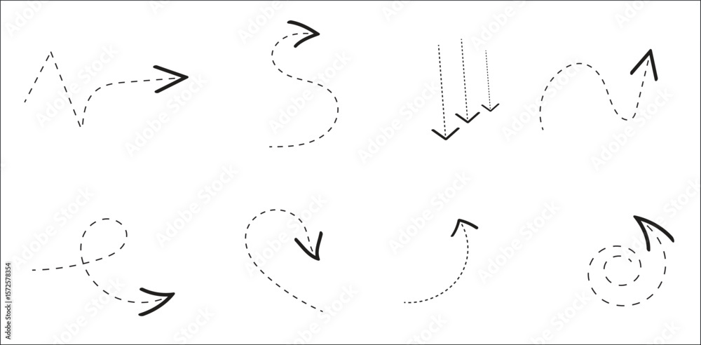 Fototapeta premium Dotted arrow icon set with curved direction symbols for navigation infographic and creative flowchart design elements
