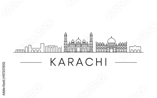 Karachi City Skyline Silhouette Minimalist Line Art Design Featuring Prominent Landmarks and Architecture on a White Background