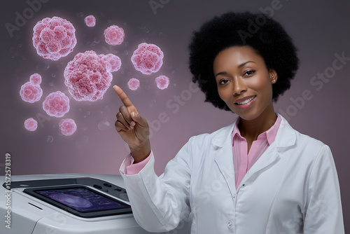 Innovative Presentation: A smiling specialist in a crisp white lab coat, with elegant afro hair, gracefully gestures towards a detailed 3D model of microscopic elements.