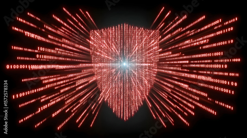 Cybersecurity Shield: A digital shield composed of radiating lines of code protects sensitive data, symbolizing the strength and resilience of cybersecurity.