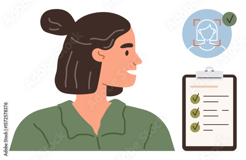 Woman in focus, recognition technology screen with a checkmark, and clipboard with marked tasks. Ideal for security, identity, technology, task management, responsibility, organization simple flat