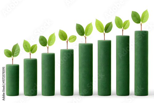 Growth Graph with Saplings: Seven cylindrical bars of increasing height, each topped with a vibrant sapling, form a visual representation of steady growth and environmental consciousness.