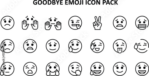 Goodbye emoji icon pack featuring various expressions in black and white line art