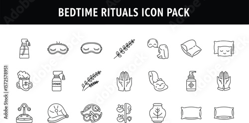 Collection of bedtime ritual icons featuring sleep aids and relaxation items