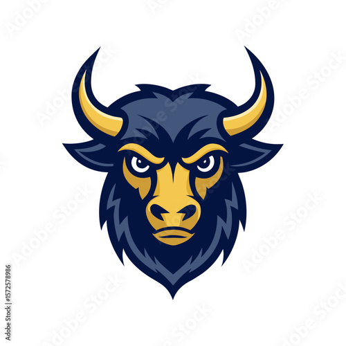 Fierce blue and gold bull mascot head with sharp horns and intense eyes