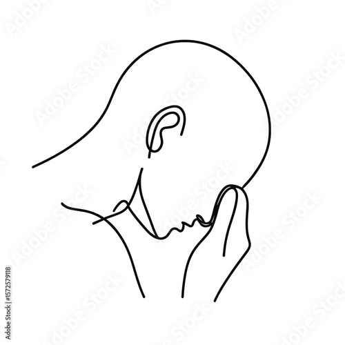 Grieving person in profile with head down and hand on face  